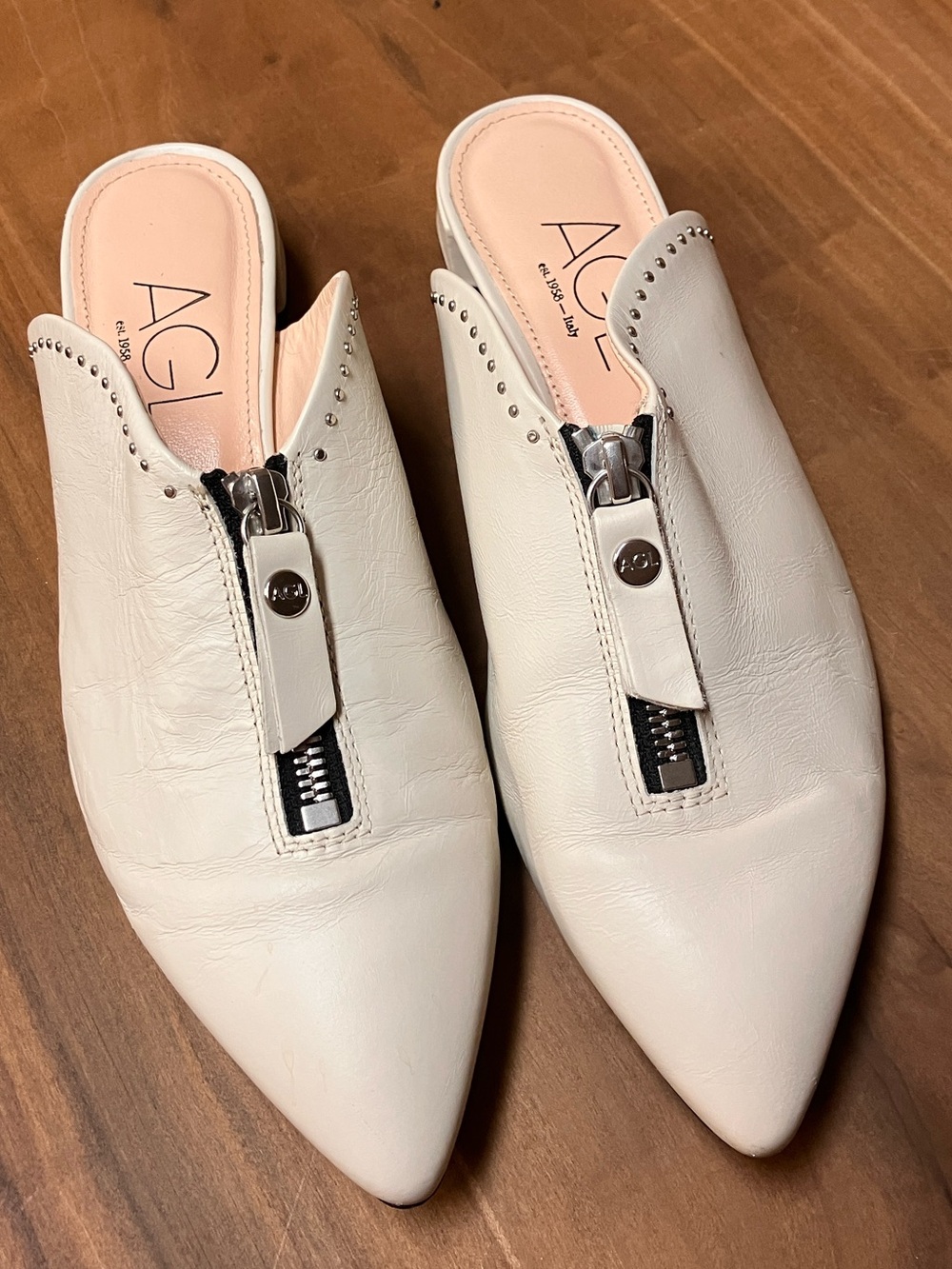 AGL Attilio Giusti Leombruni White Leather Zip Mule Shoes 37 Made Italy